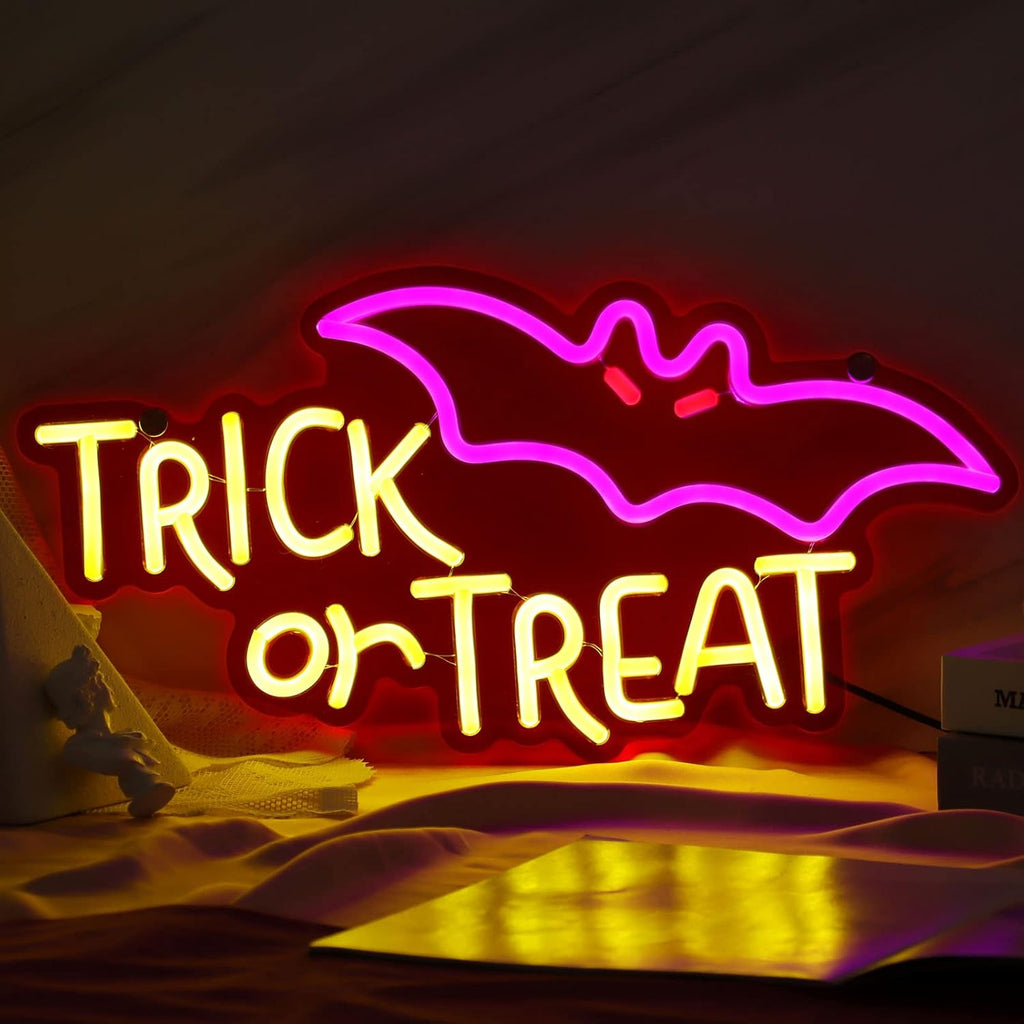 Trick or Treat Halloween Neon Sign - LED Spooky Bat Wall Decor Light