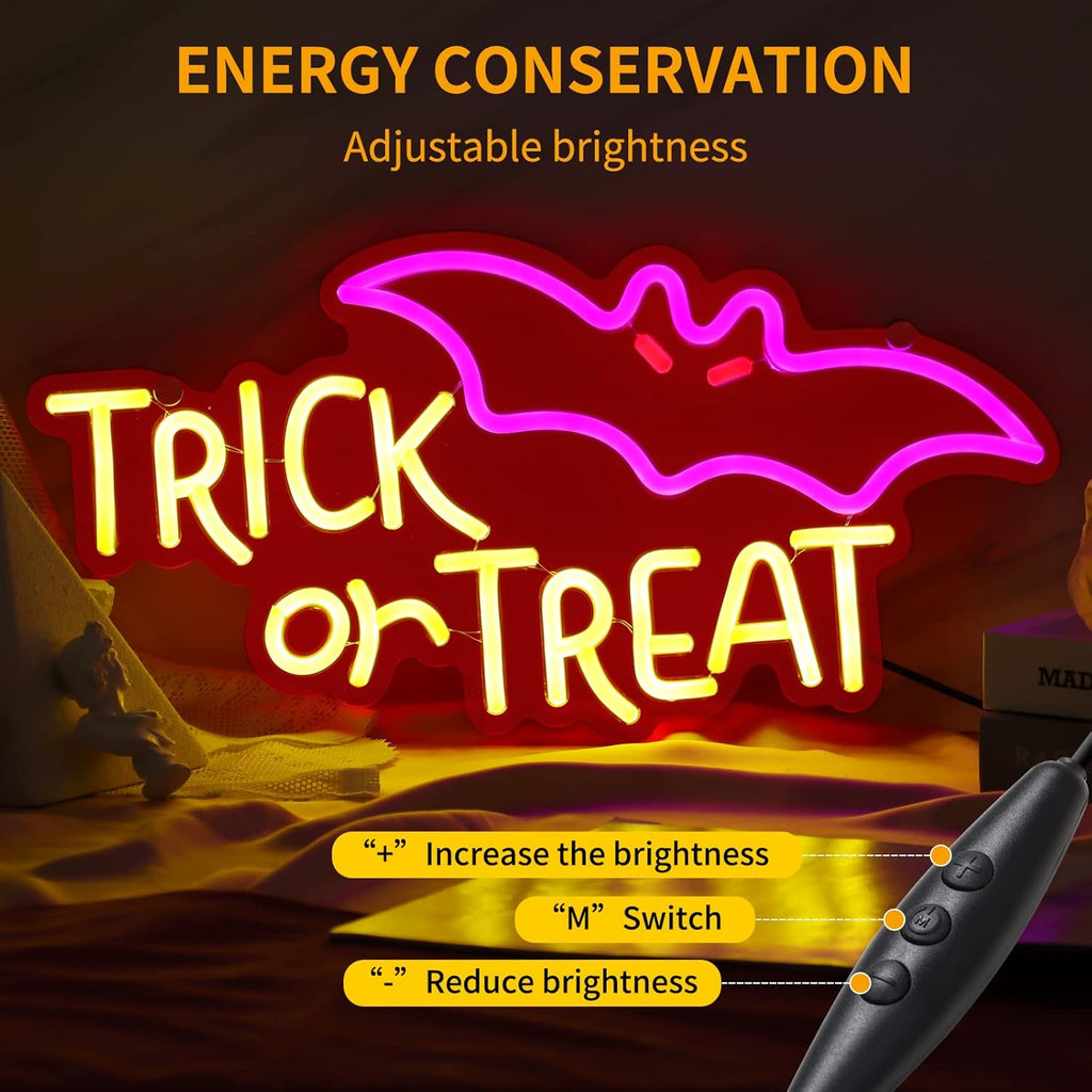 Trick or Treat Halloween Neon Sign - LED Spooky Bat Wall Decor Light