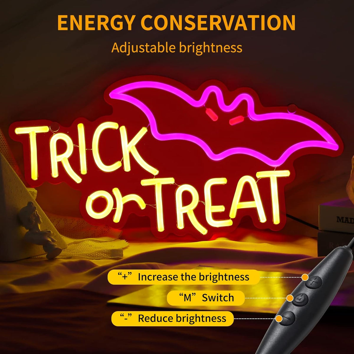 Trick or Treat Halloween Neon Sign - LED Spooky Bat Wall Decor Light