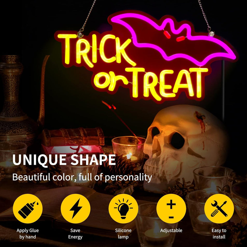Trick or Treat Halloween Neon Sign - LED Spooky Bat Wall Decor Light