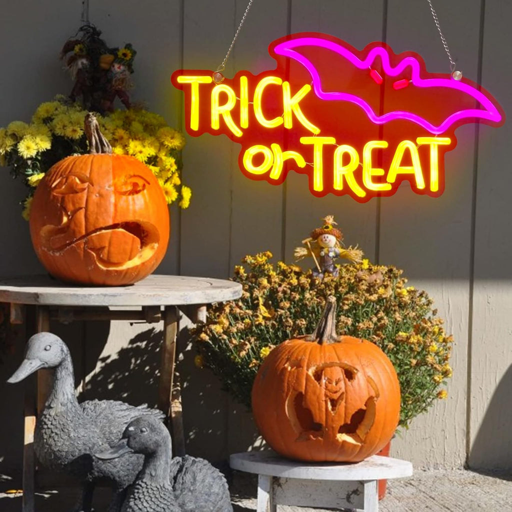 Trick or Treat Halloween Neon Sign - LED Spooky Bat Wall Decor Light