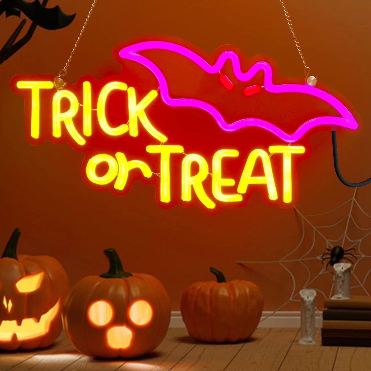 Trick or Treat Halloween Neon Sign - LED Spooky Bat Wall Decor Light