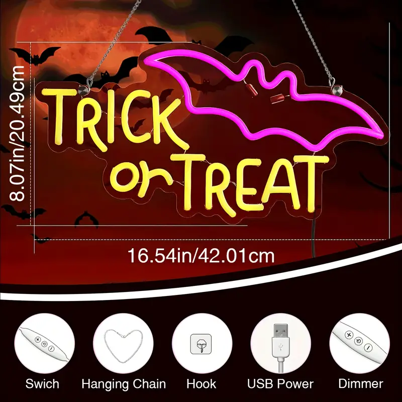 Trick or Treat Halloween Neon Sign - LED Spooky Bat Wall Decor Light